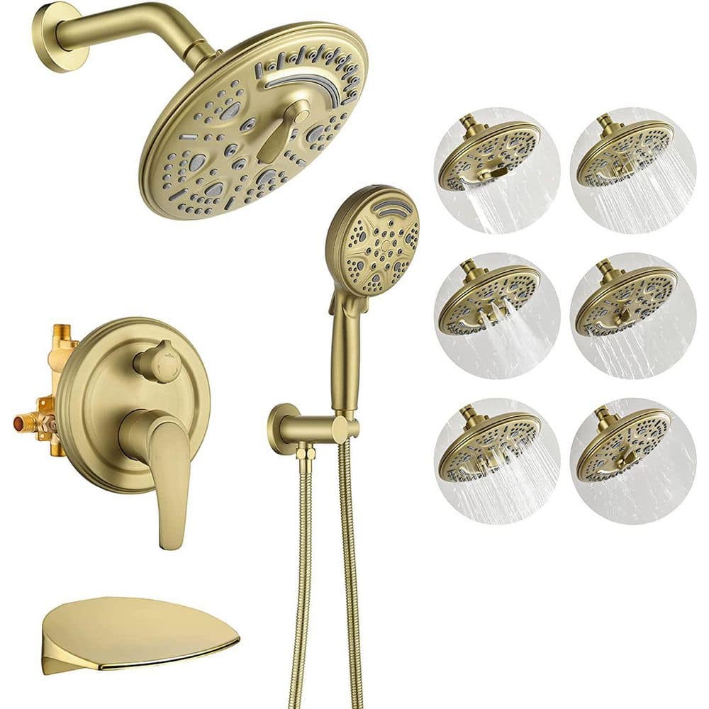 UKISHIRO BabyBreath 6-Spray Patterns with 1.8 GPM 8 in. Tub Wall Mount Dual Shower Heads in Brushed Gold