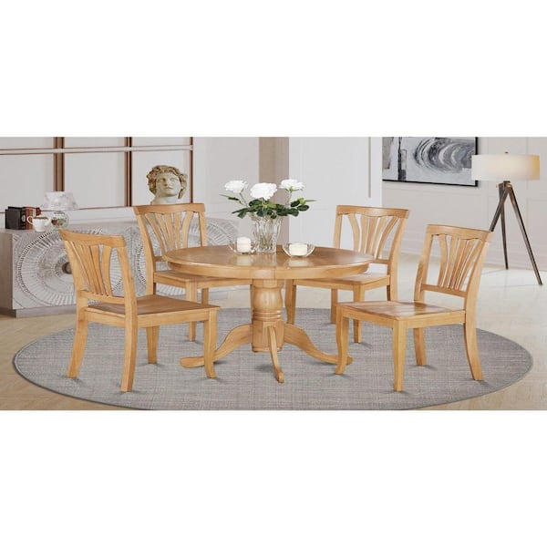 East West Furniture 5-Piece Round Natural Oak Finish Solid Wood Top Dining table with 4 Chairs with Lattice Back