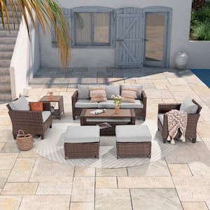 7-Piece Brown Wicker Outdoor Conversation Seating Sofa Set with Coffee Table, Linen Grey Cushions