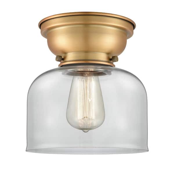 Innovations Aditi Bell 8 in. 1-Light Brushed Brass Flush Mount with Clear Glass Shade