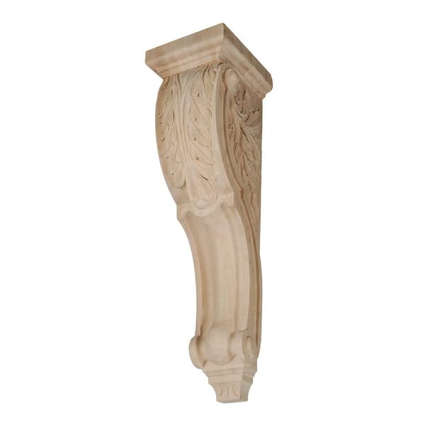 American Pro Decor 26-1/2 in. x 7-3/8 in. x 8-1/2 in. Unfinished Hand Carved North American Solid Hard Maple Acanthus Leaf Wood Corbel