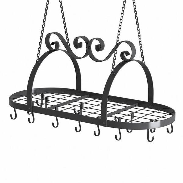 33 in. Pots and Pans Hanging Rack, Black Oval Ceiling Pot Rack with Grid, Metal Pan Rack Hanging Organizer with Hooks