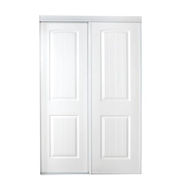 TRUporte 59 in. x 80 in. 107 Series Primed White 2-Panel Bead Board Curved Primed MDF Sliding Door