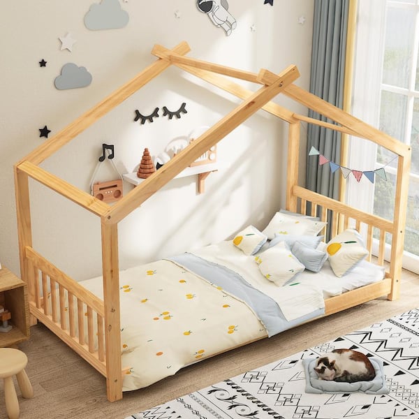 Harper & Bright Designs Natural Twin Size Wooden House Platform Bed with Headboard and Footboard