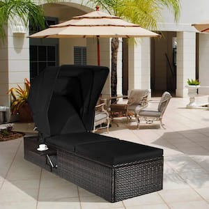 Brown Wicker Adjustable Outdoor Chaise Lounge with Black Cushions and Folding Canopy