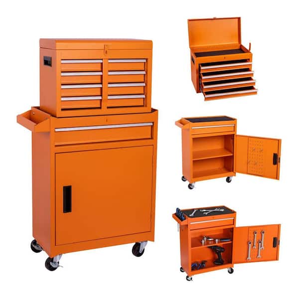 11 in. W 5-Drawer Orange Rolling Storage Tool Carts with Detachable Top Tool Box, Liner, Wheels, Adjustable Shelf, Lock