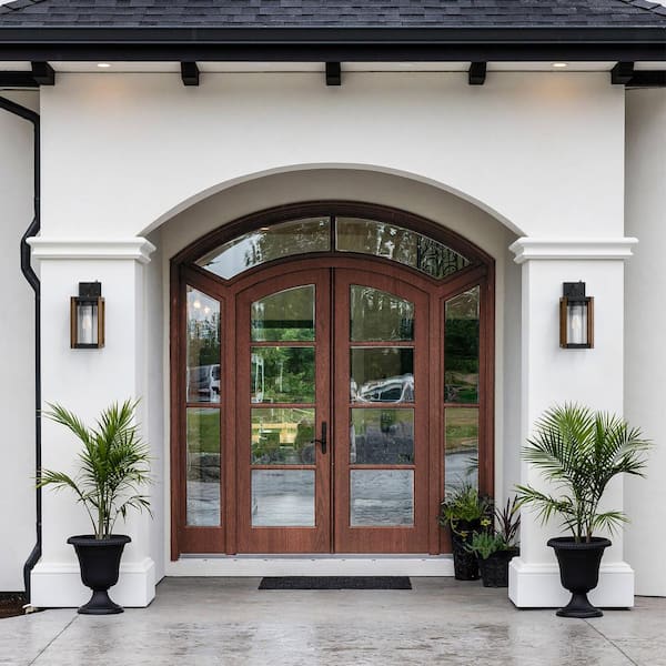 Hawaii 13 in. Sand Black and Wood E26 Farmhouse Cylinder Dusk to Dawn Outdoor Hardwired Cylinder Glass Sconce