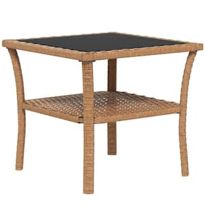 Modern Square Aluminum Outdoor Coffee Table with Storage Shelf, Tempered Glass Top, All-Weather Hand-Woven Resin Rattan