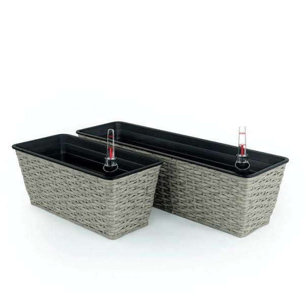 2-Pack Smart Self-watering Rectangle Planter for Indoor and Outdoor-Hand Woven Wicker-Gray-23.2 in * 7 in * 6.3 in,Metal