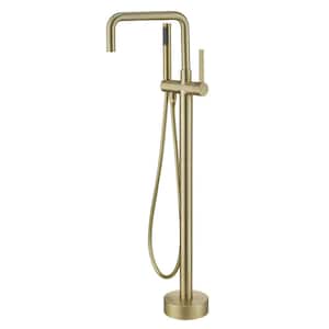 Single-Handle Freestanding Tub Faucet with Hand Shower Modern Brass Floor Mount Tub Filler in Brushed Gold