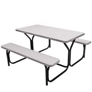 54 in. W White Rectangle High-Density Polyethylene All Weather Outdoor Picnic Table Bench Set with Metal Base Wood