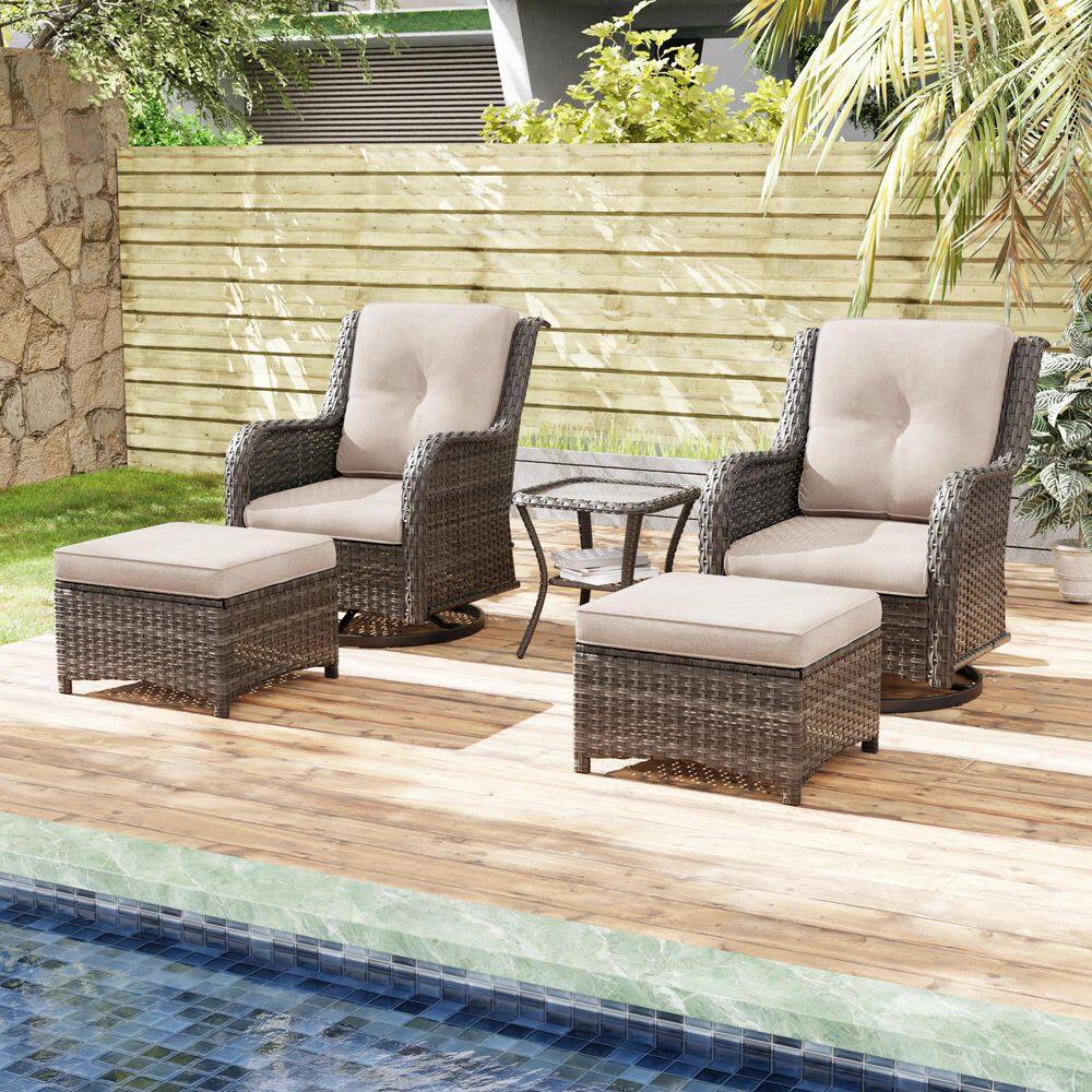 5-Piece Dark Brown Wicker Outdoor Rocking Chair Patio Swivel Chair Set with Ottomans, Side Table and Beige Cushions price history on PriceWatchPro