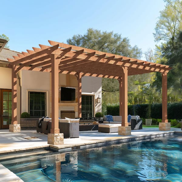 20 ft. W x 12 ft. D Cedar Wood Patio Pergola Shade Structure for Outdoor, Brown