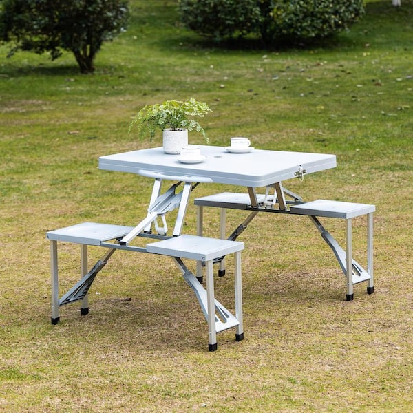 Huluwat 33.25 in. W Silver Portable Folding Rectangle Aluminum Frame Picnic Tables Seats 4 People with Umbrella Hole and Seats