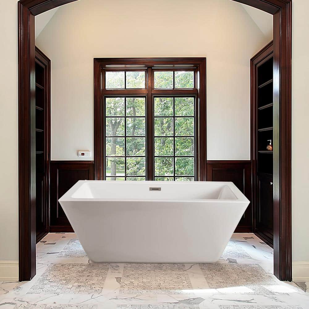 60'' White Acrylic Freestanding Soaking Bathtub with Nickel Drain