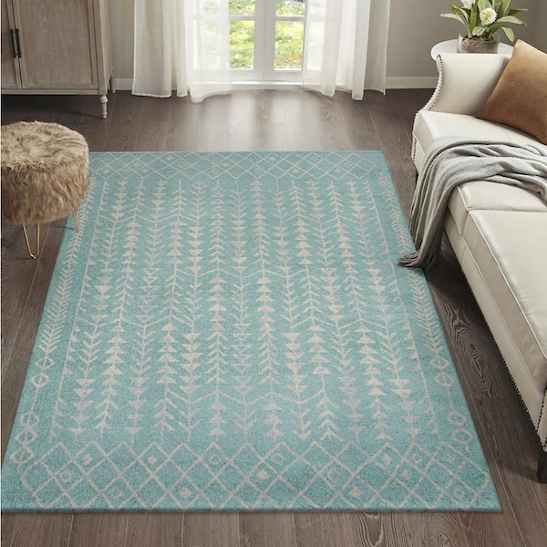 Ziri Moroccan Geometric Turquoise/Cream 8 ft. x 10 ft. Area Rug