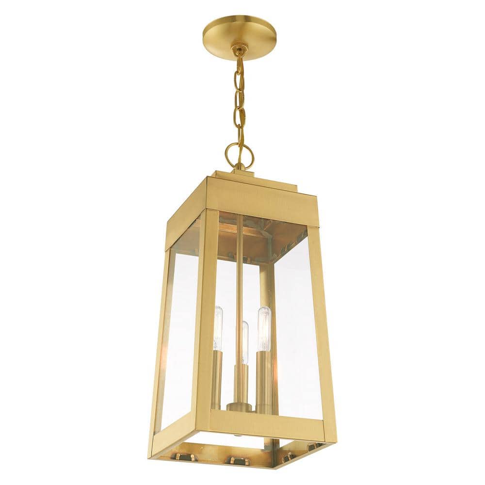 Satin Brass 3-Light Outdoor Pendant Lantern with Clear Glass