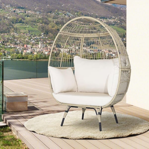 Wicker Outdoor Oversized Rattan Egg Chair Lounge Chair with 4 Light Brown Cushions for Indoor Outdoor