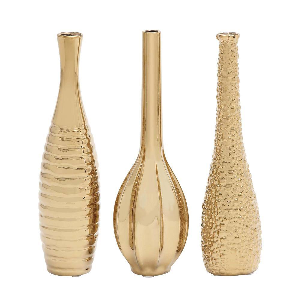 Gold Slim Textured Ceramic Vase Set of Three