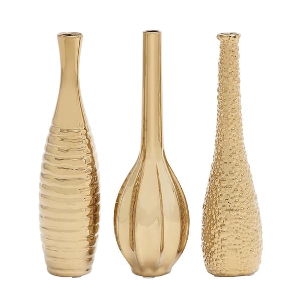 4 in., 12 in. Gold Slim Textured Bottleneck Ceramic Decorative Vase with Varying Patterns (Set of 3)