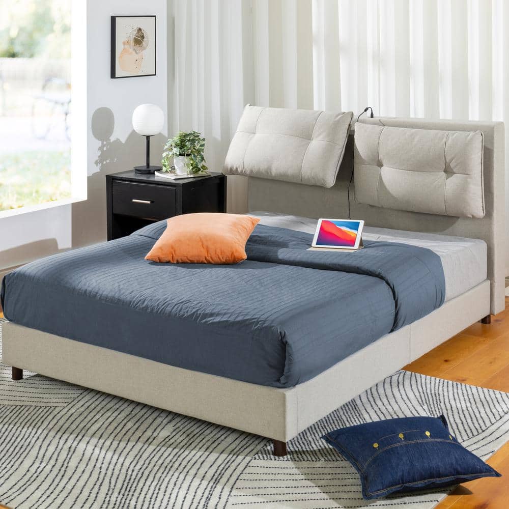 Avery Queen Metal Frame Upholstered Bed with Reclining Headboard and USB Ports, Beige