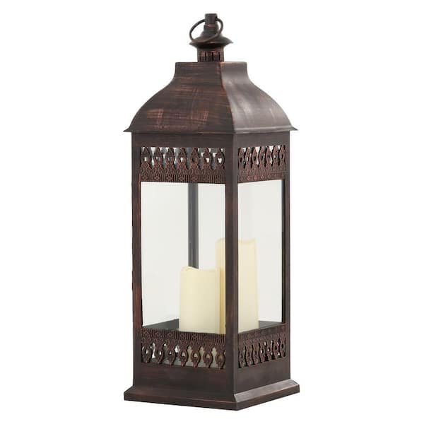28H Antique Bronze Metal Indoor/Outdoor Lantern with Glass Panes and Timer  
