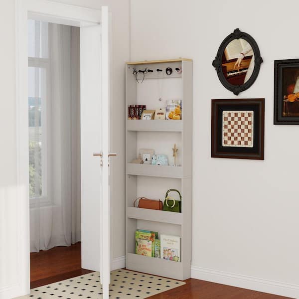 69 in. Tall Bookcase with 4-Shelves and 5-Hooks Wall Mounted Space-Saving Narrow Storage Cabinet for Living Room Kitchen