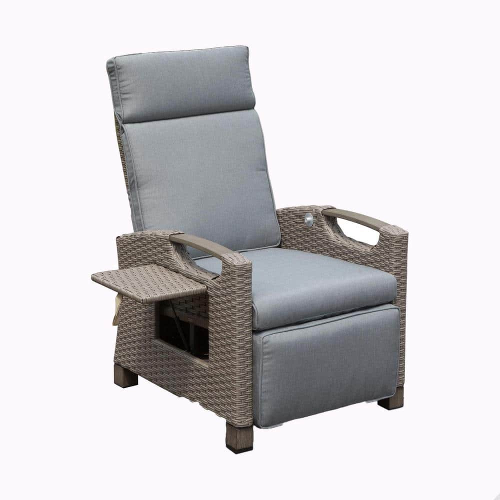 Wicker Outdoor Recliner Chair with Flip Table Push Back, Adjustable Angle, 