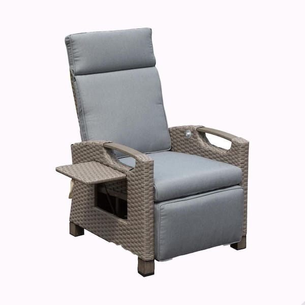 Wicker Outdoor Recliner Chair with Flip Table Push Back, Adjustable Angle, 6.8 in. Thickness Cushions, Gray