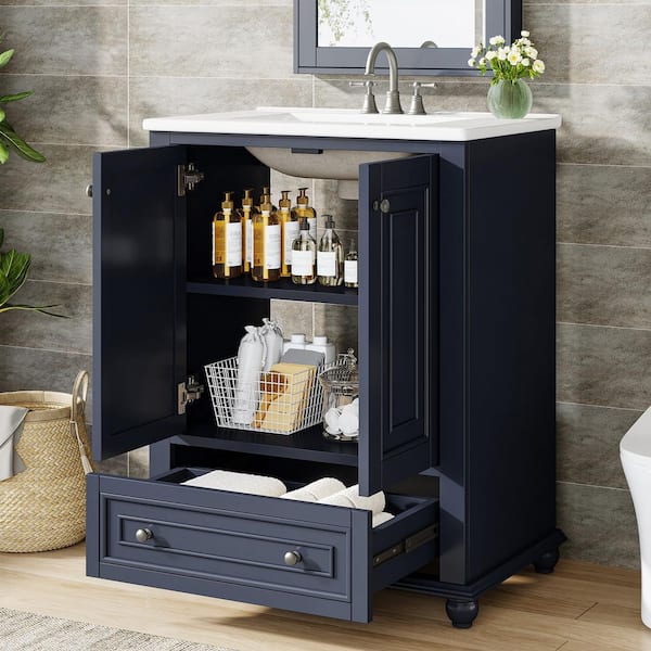 24 in. Single Sink Freestanding Blue Bath Vanity with White Ceramic Top Unassembled