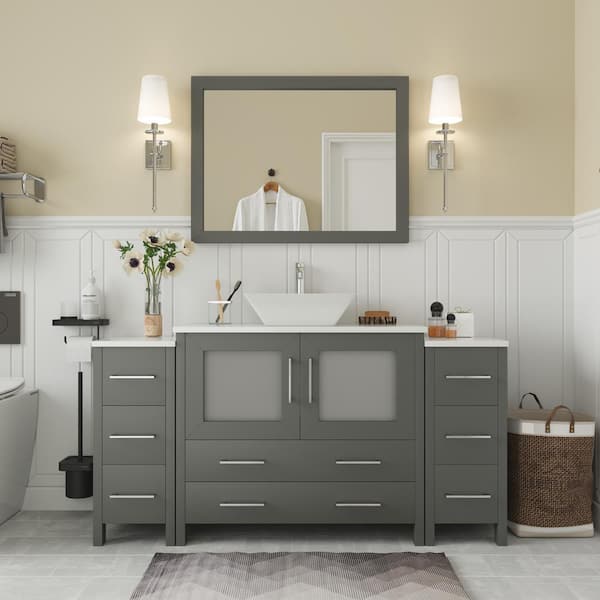 Vanity Art Ravenna 60 in. W Bathroom Vanity in Grey with Single Basin in White Engineered Marble Top and Mirror
