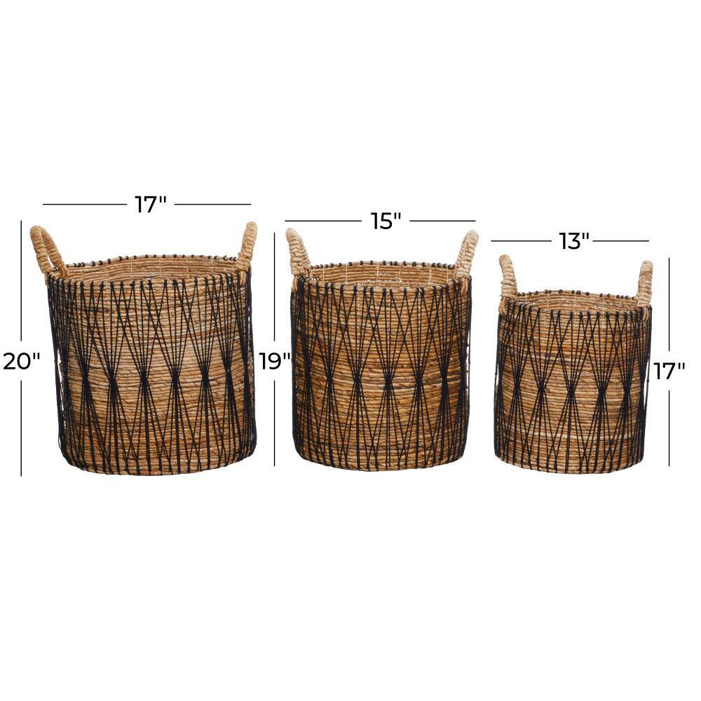 Handmade Brown and Black Banana Leaf Storage Baskets with Handles, Set of 3
