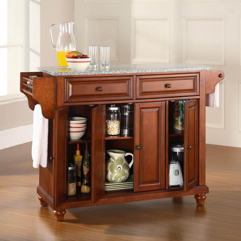 Cherry and Gray Granite Top Traditional Kitchen Island Cart