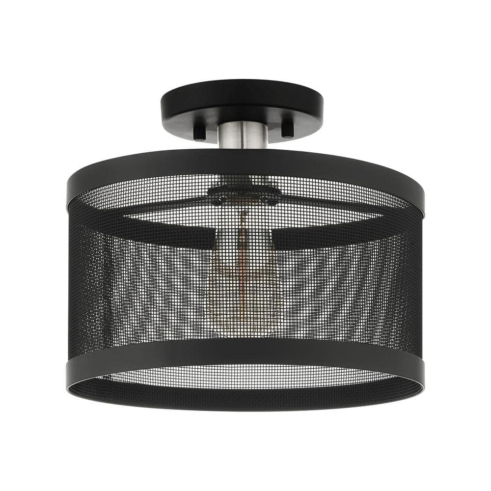 Modern Indoor/Outdoor LED Drum Semi-Flush Mount in Black & Brushed Nickel