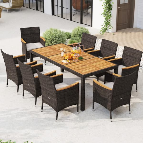 9-Piece Wicker Rectangle Outdoor Dining Set with Beige Cushions and Acacia Wood Table Top