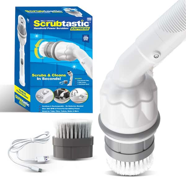 Scrubtastic Express Flat Brush Heads Electric Rechargeable Handheld Scrubber Power Scrub Brush in White