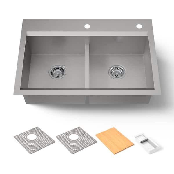 Task Workstation 33 in. Drop-In Smart Divide Double Bowl Stainless Steel Kitchen Sink with 2-Faucet Holes