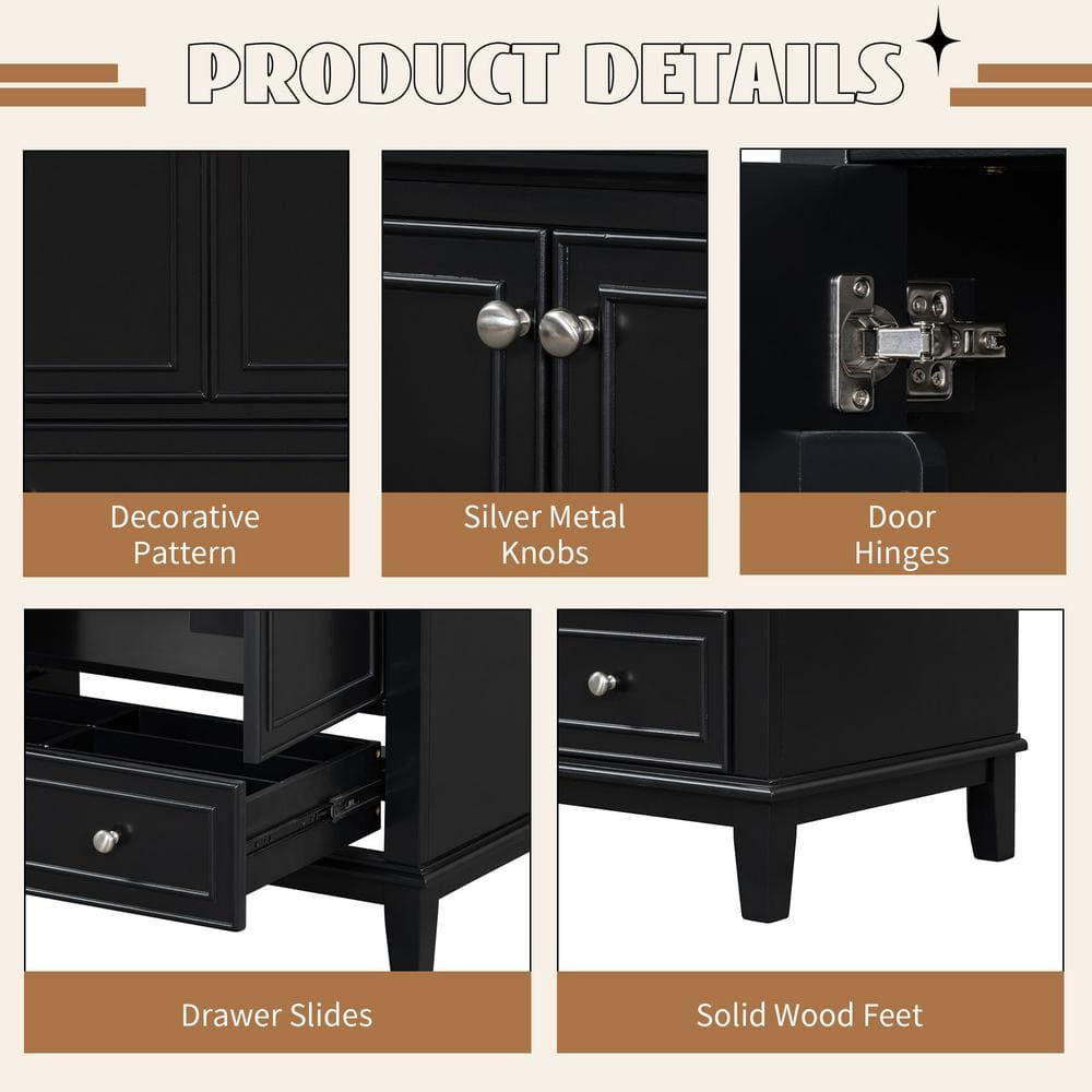 Black Solid Wood and MDF Freestanding Bathroom Vanity Cabinet