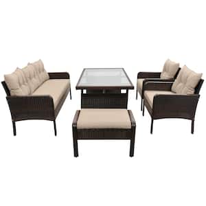 6-Piece Outdoor Patio PE Wicker Brown Rattan Sofa Set Outdoor Dining Table Set with Coffee Cushions and Tea Table