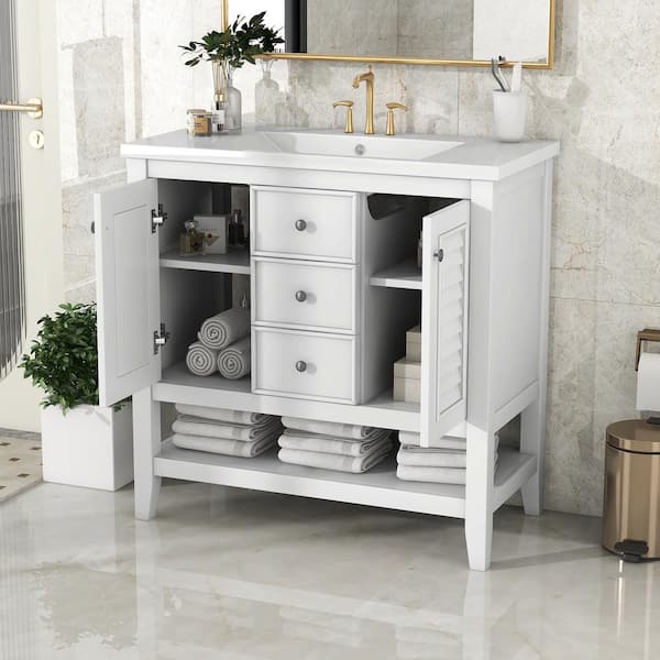 35.5 in. W x 17.7 in. D x 35 in . H Bathroom Vanity in White Solid Frame Bathroom Cabinet with Ceramic Basin Top