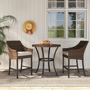 3-Piece Brown PE Wicker Outdoor Patio Conversation Set and Round Coffee Table with Gray Cushions