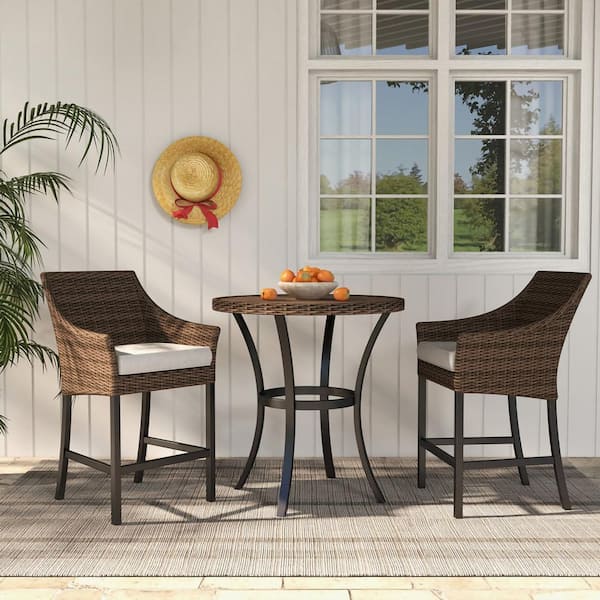 Unbranded 3-Piece Brown PE Wicker Outdoor Patio Conversation Set and Round Coffee Table with Gray Cushions