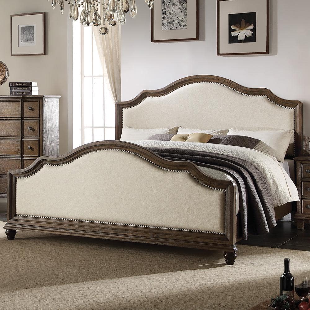 Elegant Queen Bed with Nailhead Trim in Beige Linen & Weathered Oak