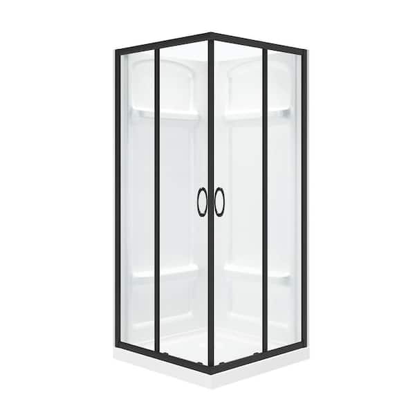36in. L x 36in. W x 76in.H Shower Insert Kit w/Base/Wall/Door Corner Drain and Sliding Framed Shower Door in Matte Black