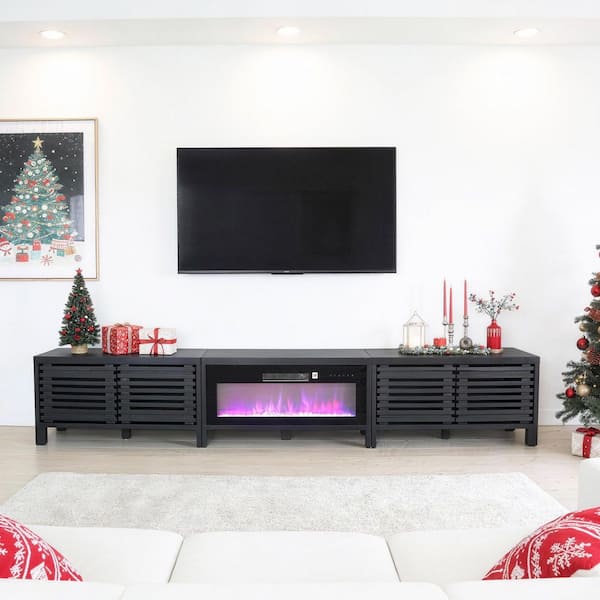 115 in. Black Freestanding Fireplace TV Stand Fits Up to 110 in. with Remote