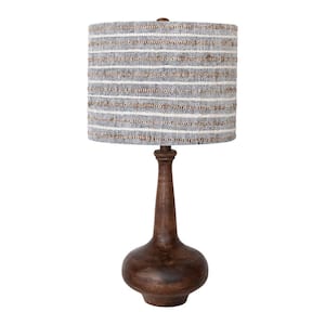 28 in. Black and White Mango Wood Table Lamp with Linen Striped Shade