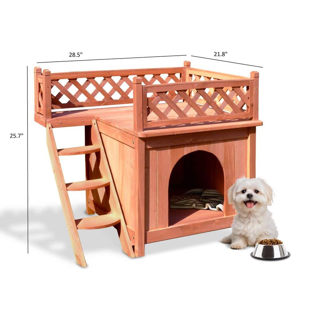 Small Cedar Stain Wooden Dog House with Rooftop Balcony