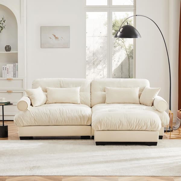 Dalton 93.7 in. Velvet Upholstered L Shaped Sectional Sofa in. Beige with Ottoman, Blostered Armrests, Pillows, Cream