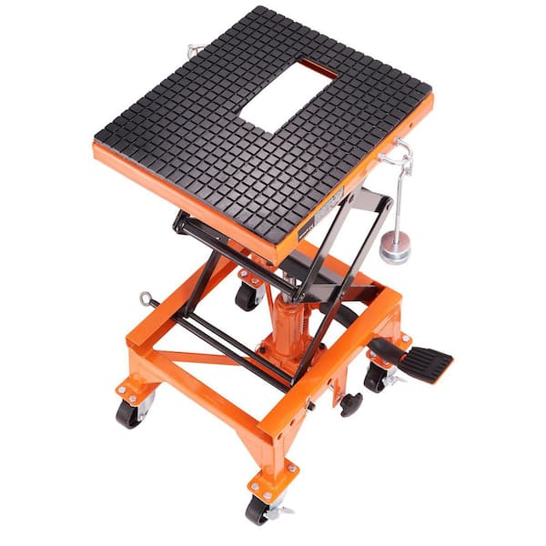SKYSHALO Hydraulic Motorcycle Lift Table, 350 lbs. Capacity Motorcycle Scissor Jack Lift, 4 Wheels, Foot-Operated Jack Stand