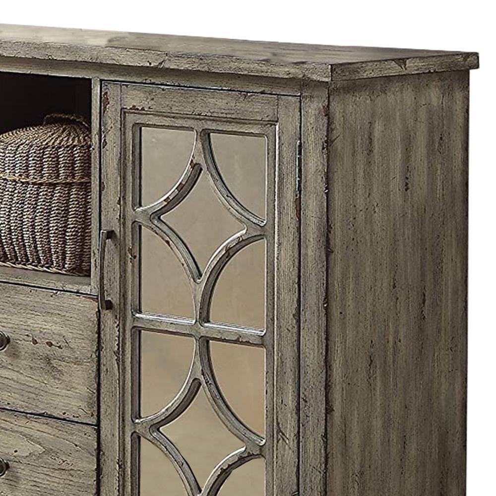 Weathered Gray Mirrored Console Table with Diamond Trim Inlay